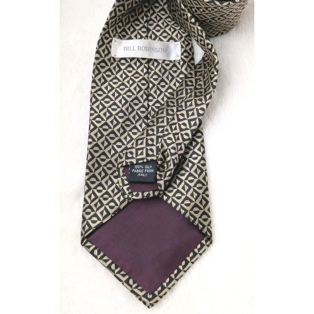 Bill Robinson 100%‎ Silk Tie Black Gold Geometric Pattern Fabric from Italy